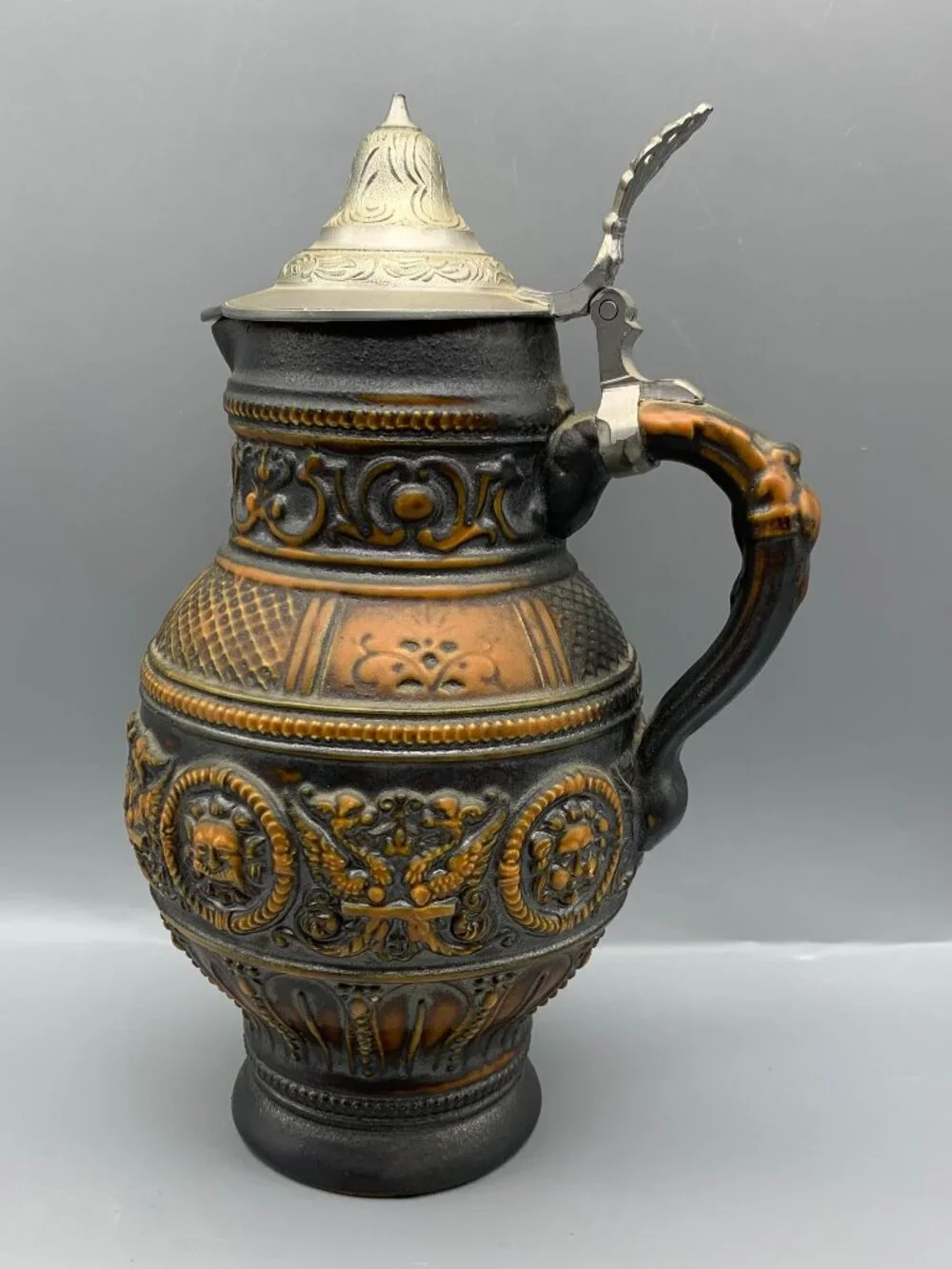 Vintage German Stoneware Beer Stein with Pewter Lid-Made in Germany